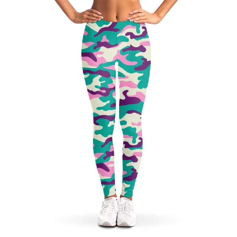 Can't Be Beat Pastel Teal And Purple Camouflage Print Women's Leggings