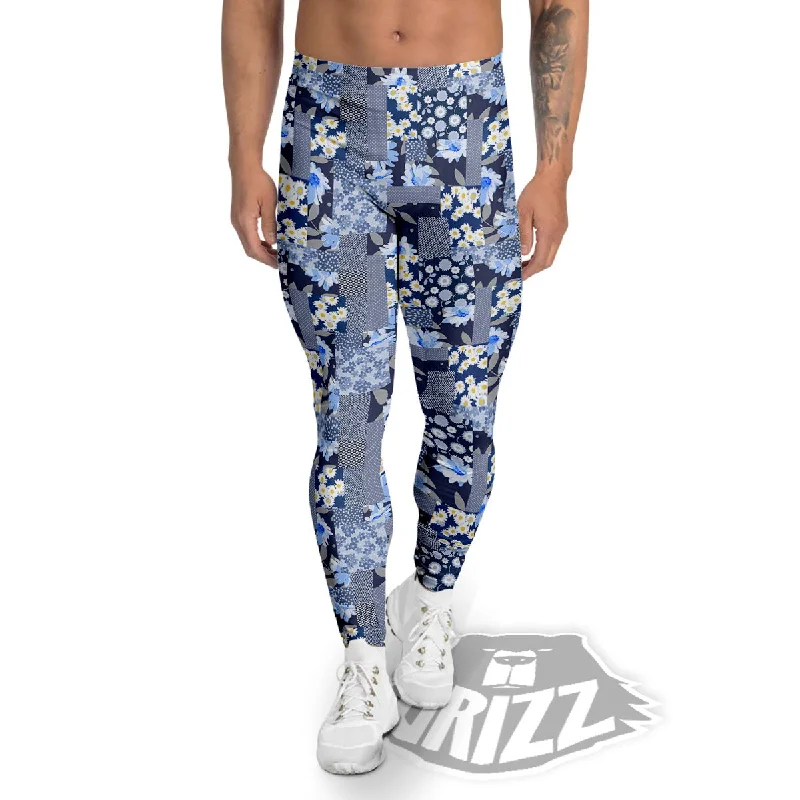 Patchwork Blue Floral Print Pattern Men's Leggings