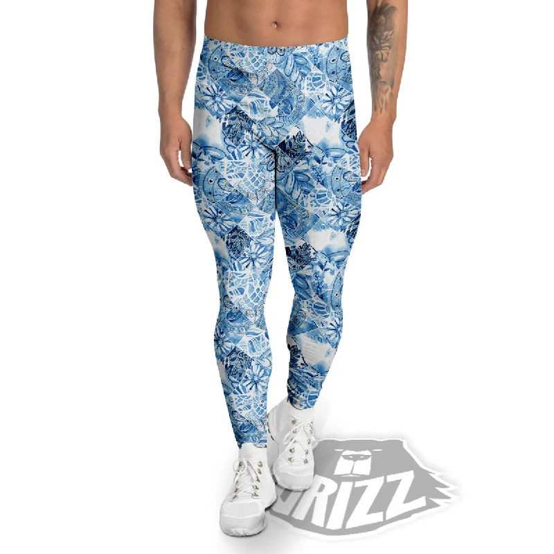 Patchwork Blue Flower Print Pattern Men's Leggings