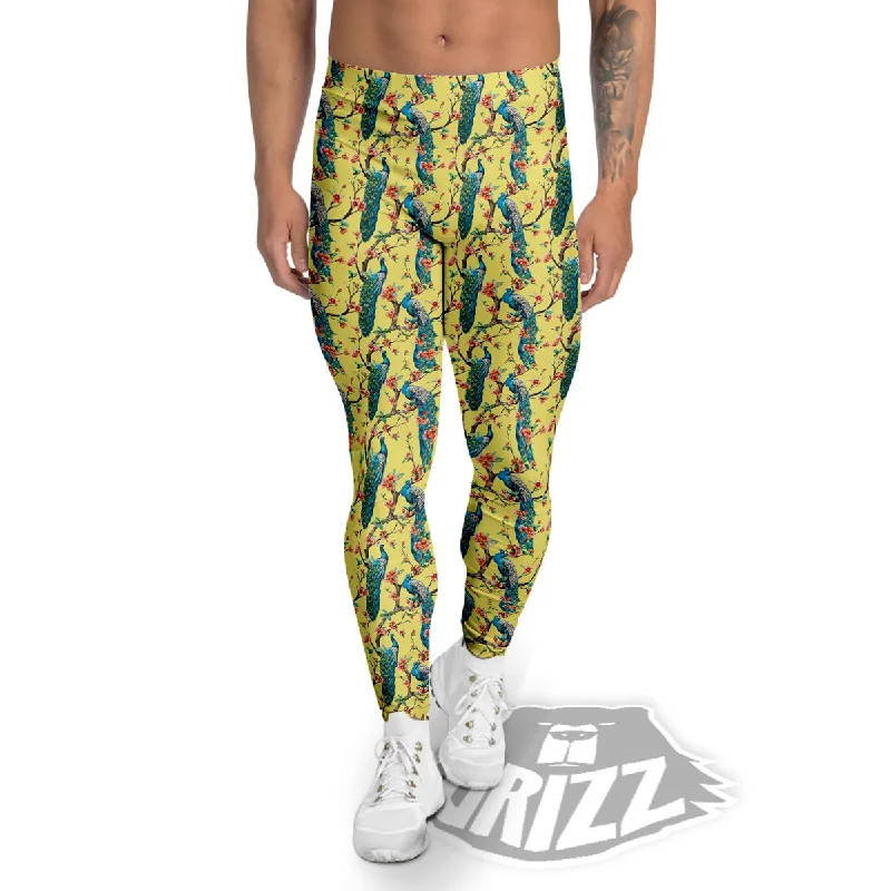 Peacock Cherry Blossom Print Men's Leggings