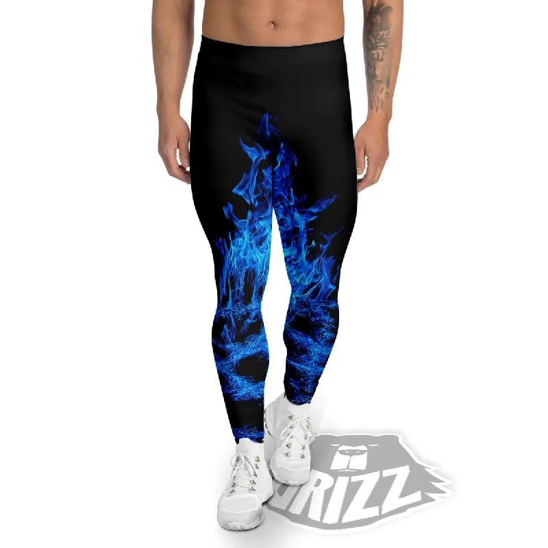 Pentagram Blue Flame Print Men's Leggings