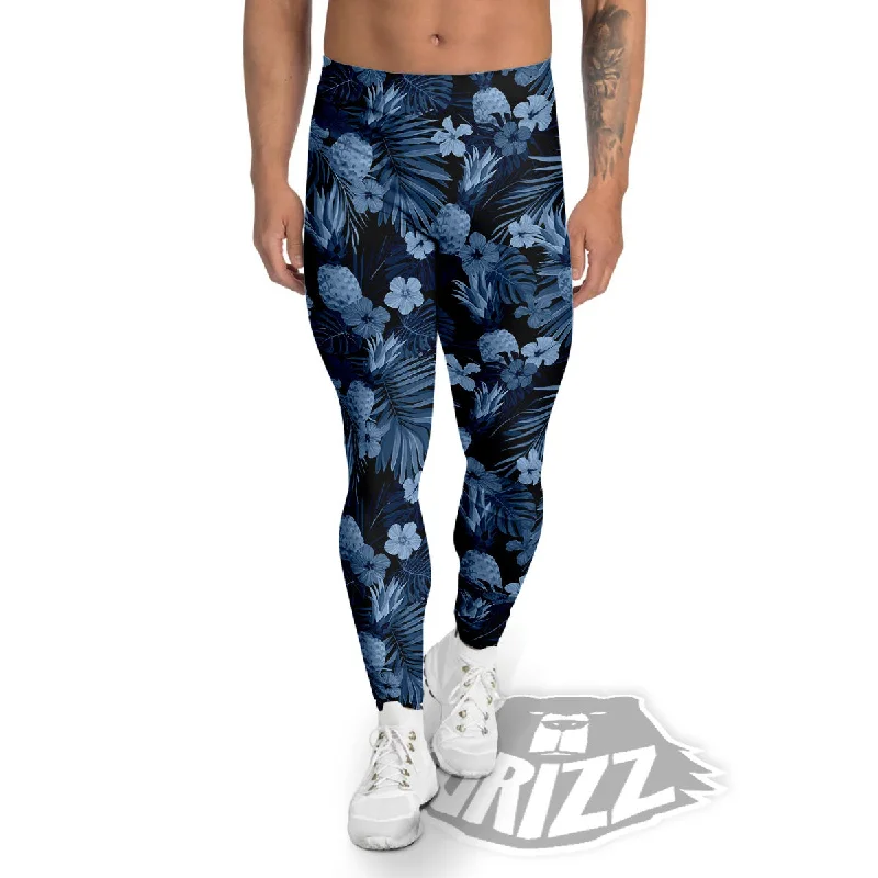 Pineapple Blue Aloha Print Pattern Men's Leggings