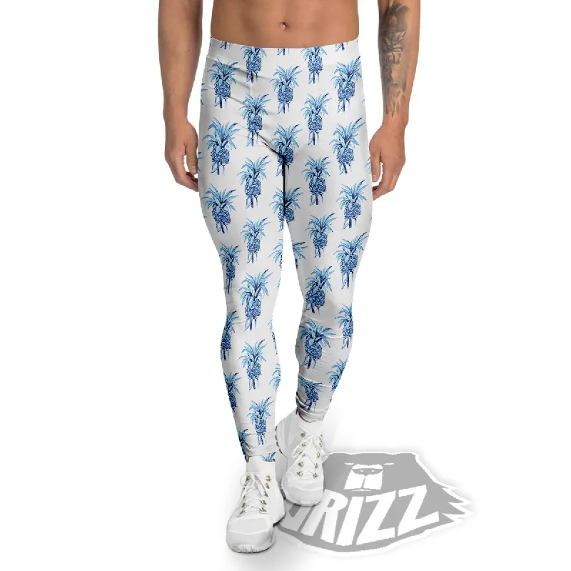 Pineapple Blue Leaf Print Pattern Men's Leggings