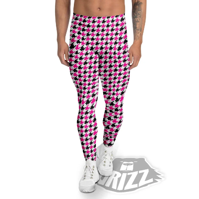 Pink Blac And White Houndstooth Print Men's Leggings