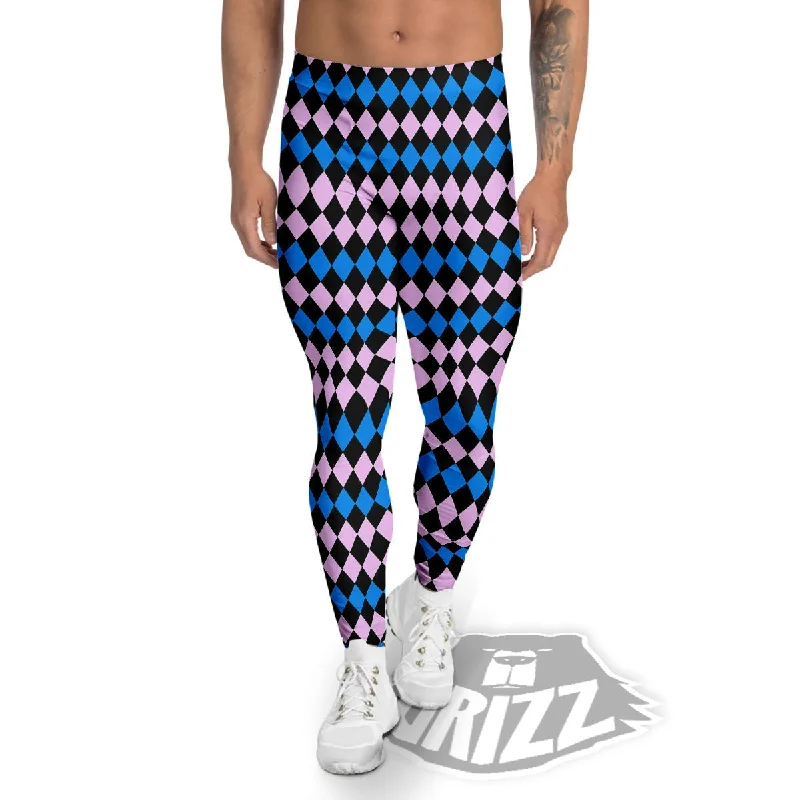 Pink Black And Blue Argyle Print Pattern Men's Leggings