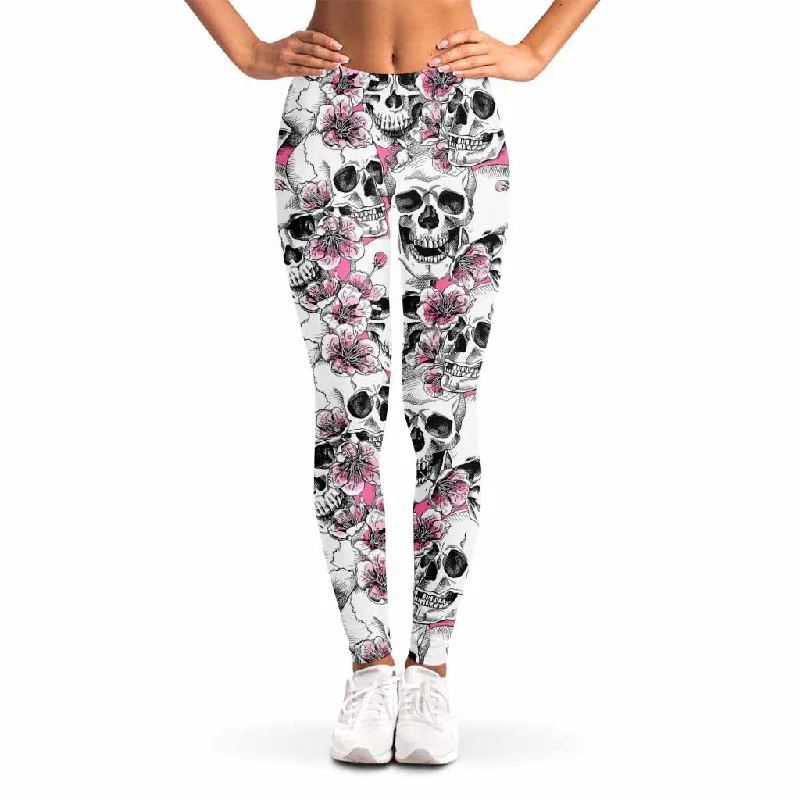 Inventory Reduction Pink Flowers Skull Pattern Print Women's Leggings