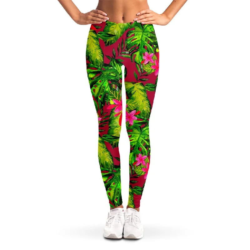 Instant Savings Pink Hawaiian Tropical Pattern Print Women's Leggings