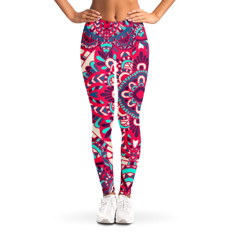Doorbuster Deal Pink Teal Bohemian Mandala Pattern Print Women's Leggings