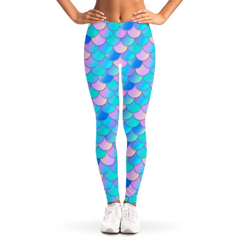 Last Chance Pink Teal Mermaid Scales Pattern Print Women's Leggings