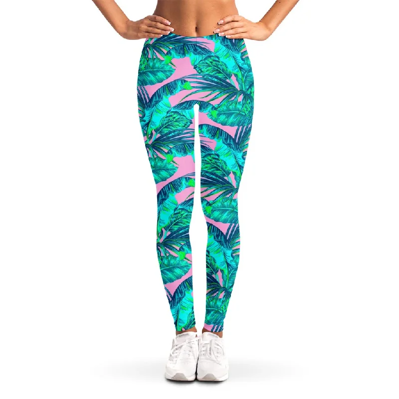 Members Only Pink Teal Tropical Leaf Pattern Print Women's Leggings