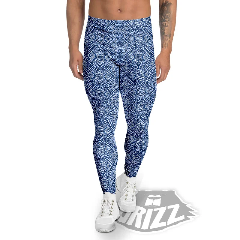 Polynesian Tribal Blue Maori Print Men's Leggings