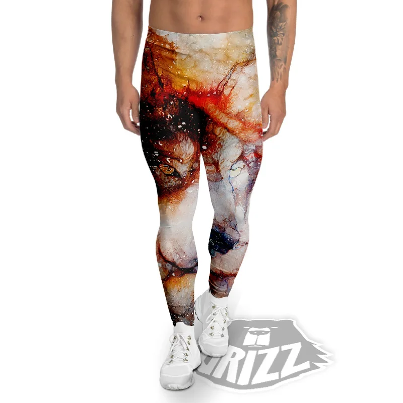 Portrait Cosmic Wolf Print Men's Leggings