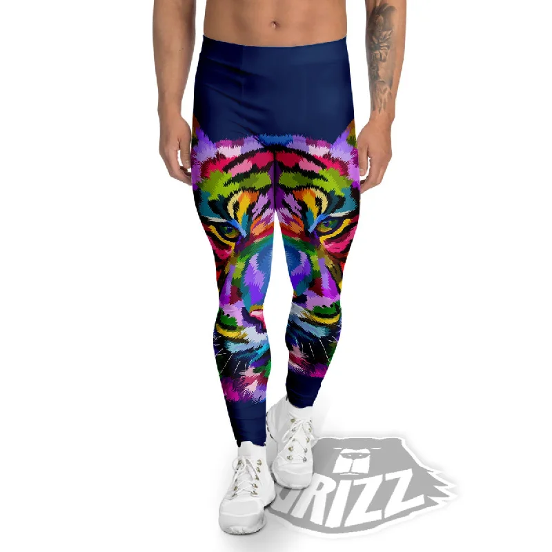 Portrait Tiger Colorful Print Men's Leggings