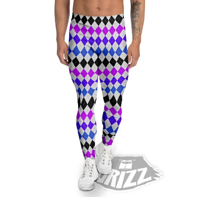 Purple Blue And Black Argyle Print Men's Leggings