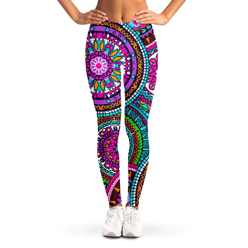 Final Sale Purple Teal Circle Mandala Print Women's Leggings