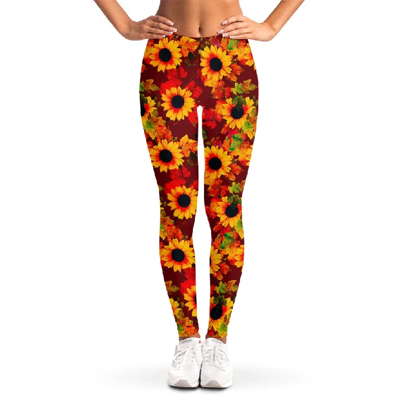 Steals and Deals Red Autumn Sunflower Pattern Print Women's Leggings