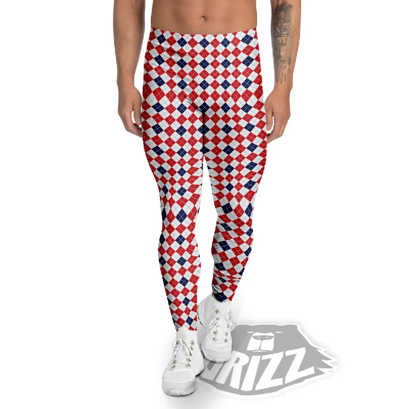 Red Blue And White Argyle Print Pattern Men's Leggings