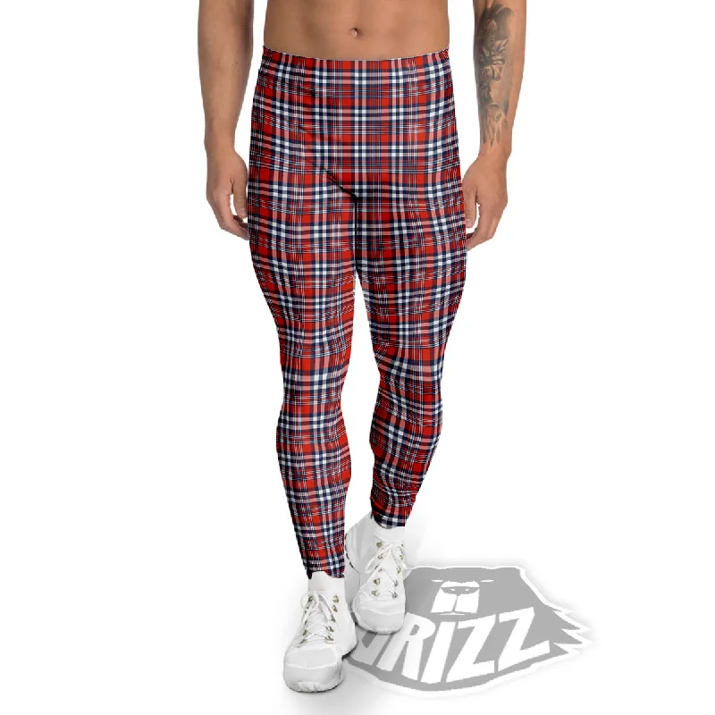 Red Blue And White Check Print Pattern Men's Leggings