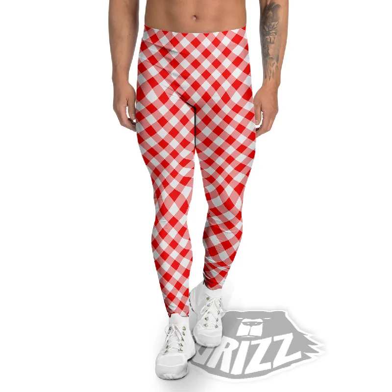 Red Cardinal And White Gingham Print Men's Leggings