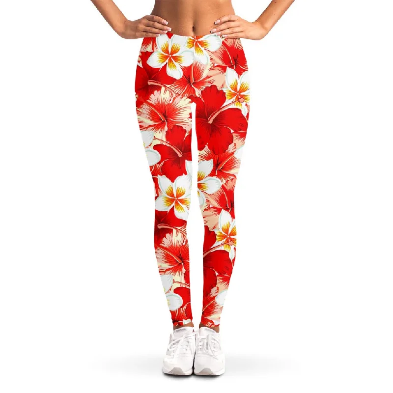 Price Rollback Red Hibiscus Plumeria Pattern Print Women's Leggings