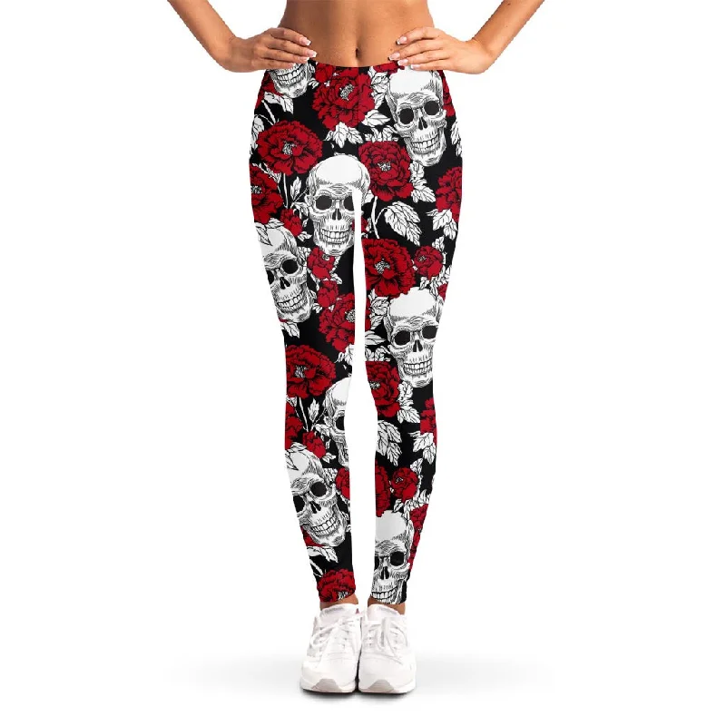 Massive Deals Red Peony Skull Pattern Print Women's Leggings