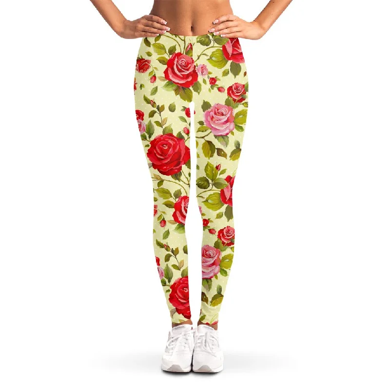 Major Savings Red Pink Rose Floral Pattern Print Women's Leggings