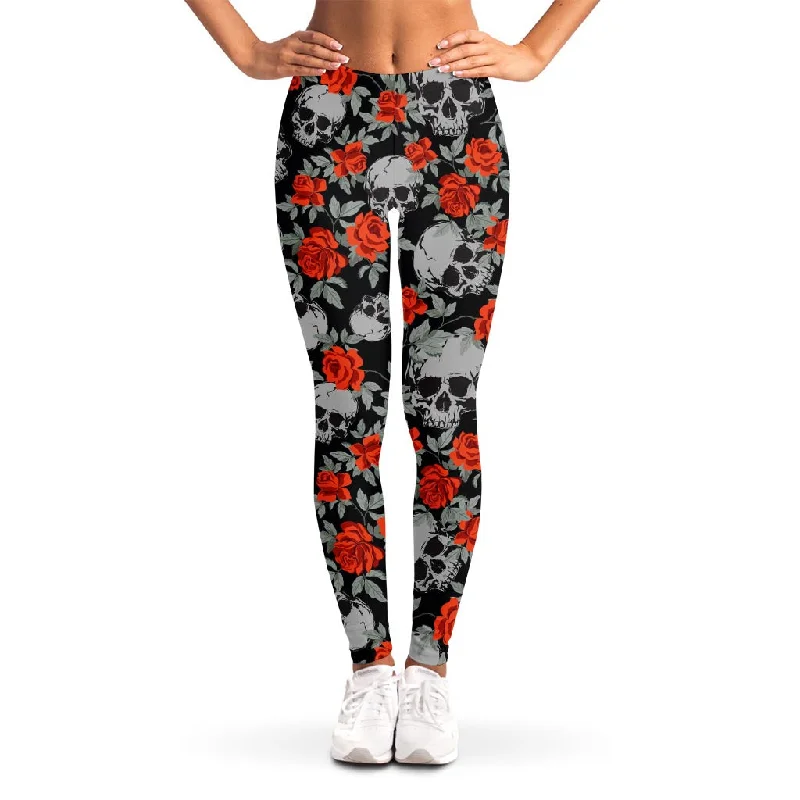 Exclusive Savings Red Rose Grey Skull Pattern Print Women's Leggings