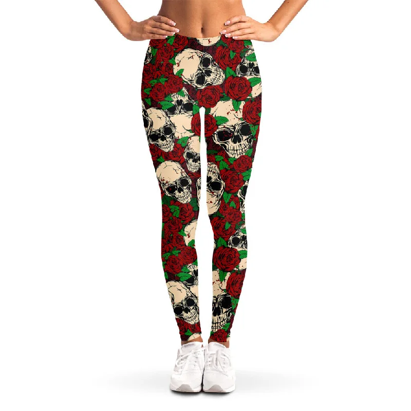 Don't Wait Red Rose Skull Pattern Print Women's Leggings