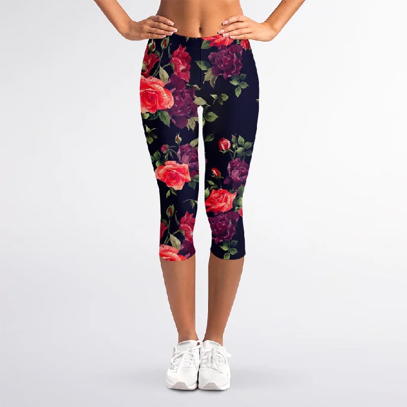 Big Discounts Red Violet Roses Floral Pattern Print Women's Capri Leggings