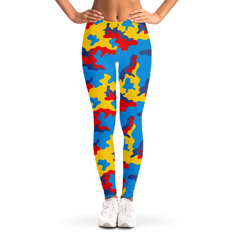 Overstock Red Yellow And Blue Camouflage Print Women's Leggings