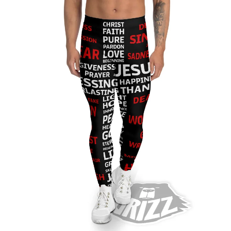 Religious Words Christian Cross Print Men's Leggings