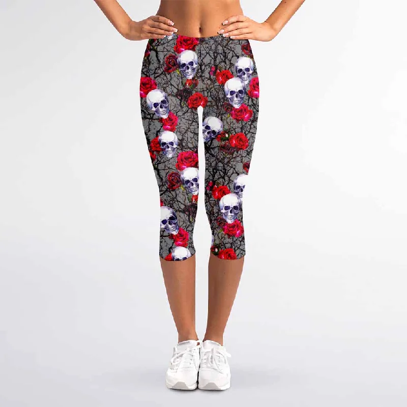 Amazing Deals Rose Branch Skull Pattern Print Women's Capri Leggings