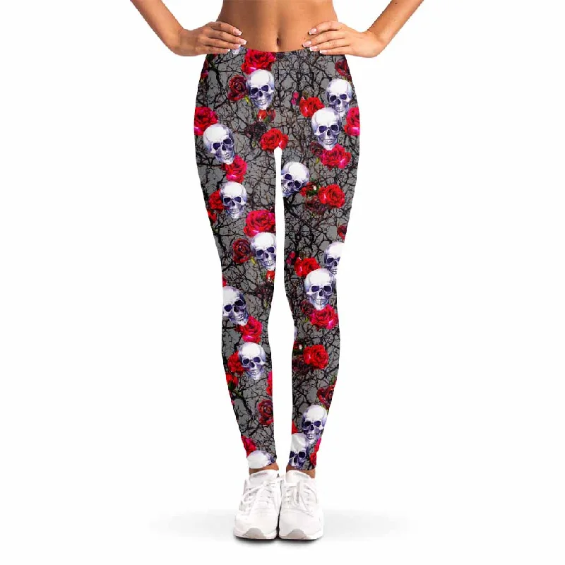 Best Bargains Rose Branch Skull Pattern Print Women's Leggings