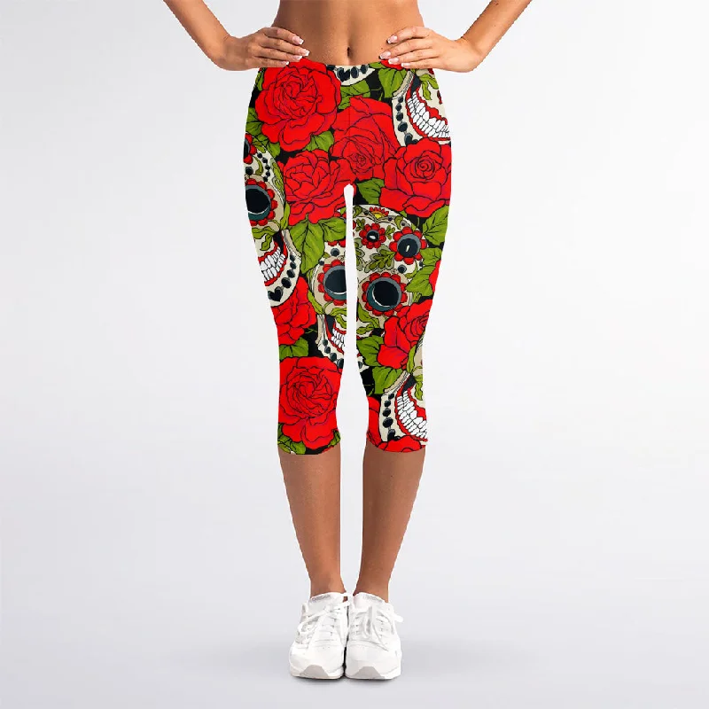 Deal Alert Rose Floral Sugar Skull Pattern Print Women's Capri Leggings