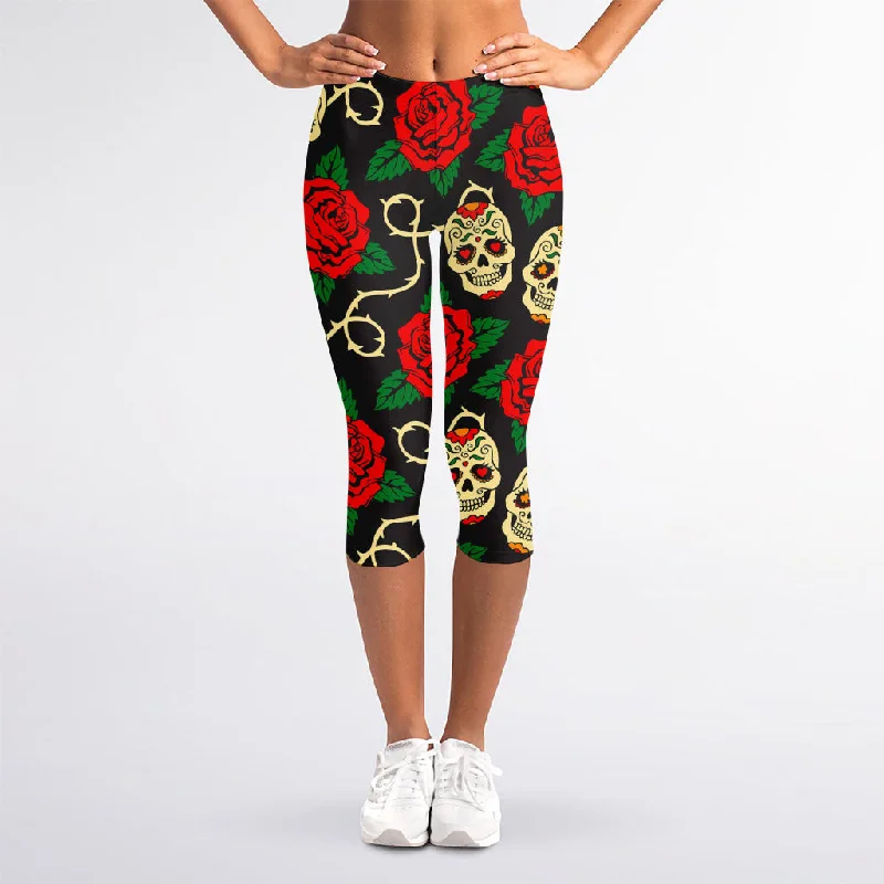 Deal Mania Rose Flower Sugar Skull Pattern Print Women's Capri Leggings