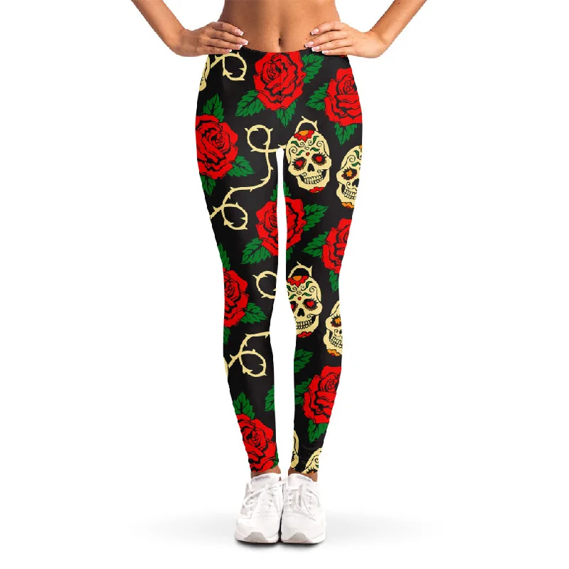 Deal Alert Rose Flower Sugar Skull Pattern Print Women's Leggings