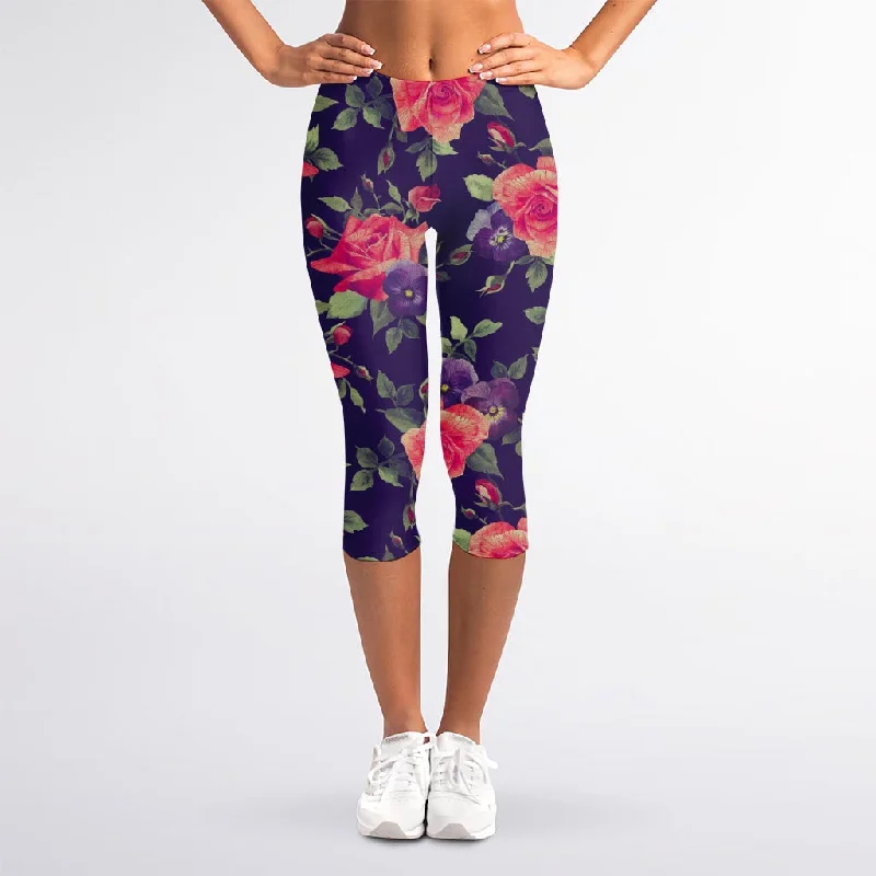 Bargain Blast Rose Pansy Floral Flower Pattern Print Women's Capri Leggings
