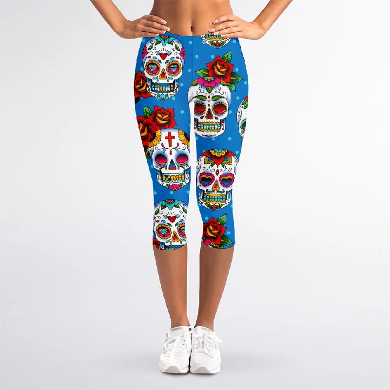 Savings Spectacular Rose Sugar Skull Pattern Print Women's Capri Leggings