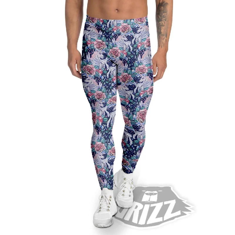 Rose Unicorn Blue Fairy Print Pattern Men's Leggings