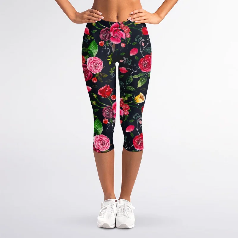 Mega Deal Roses Floral Flower Pattern Print Women's Capri Leggings