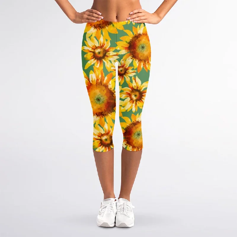 Deal Zone Sage Watercolor Sunflower Pattern Print Women's Capri Leggings
