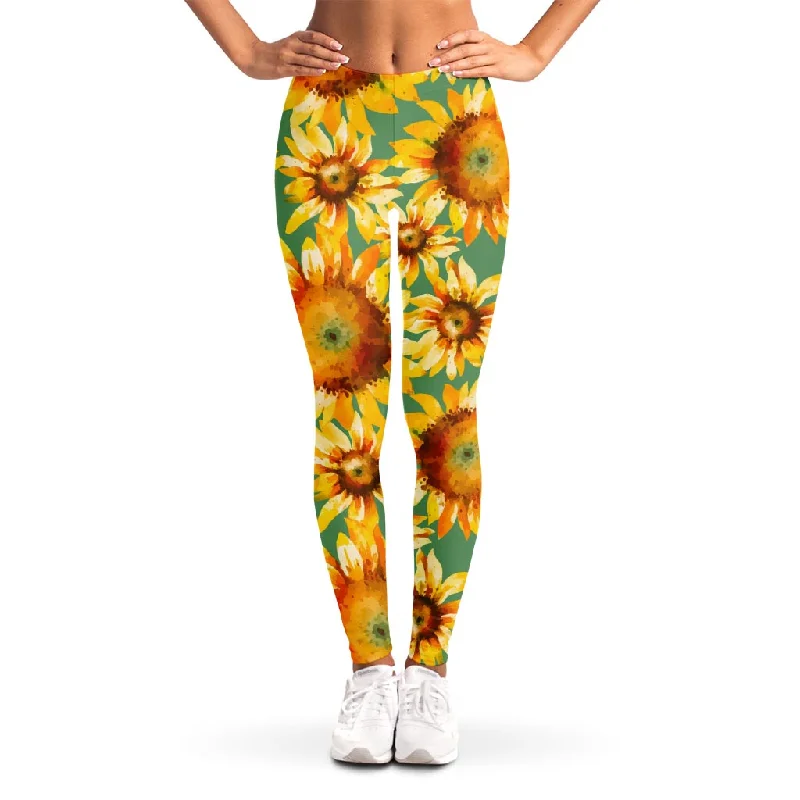 Savings Spectacular Sage Watercolor Sunflower Pattern Print Women's Leggings