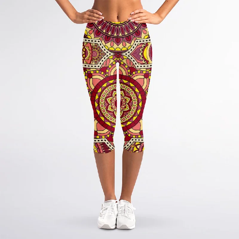 Inventory Reduction Sangria Mandala Bohemian Pattern Print Women's Capri Leggings