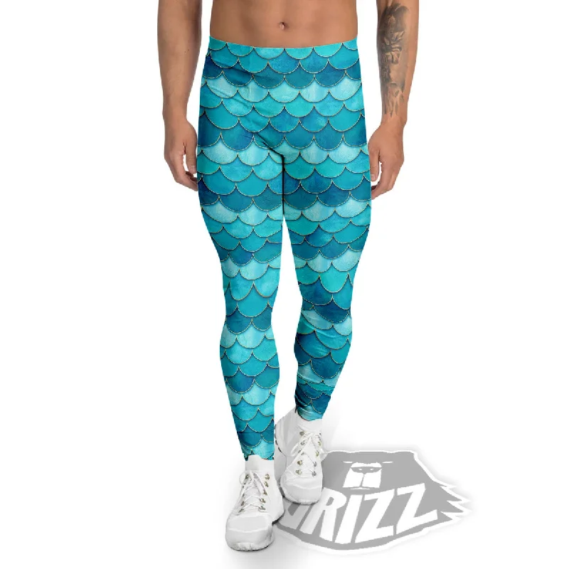 Scales Mermaid Blue Print Pattern Men's Leggings