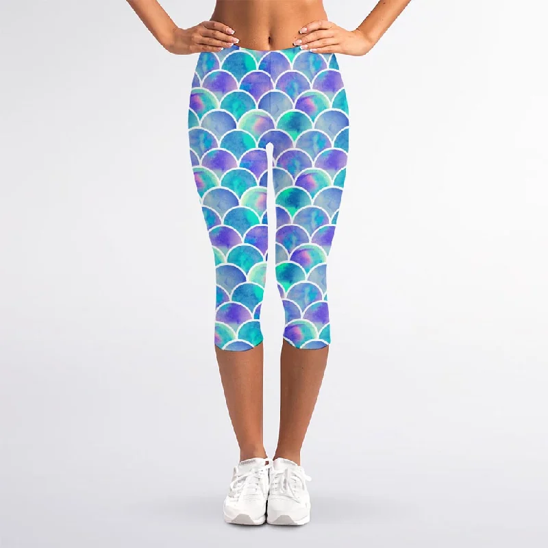 Deal Frenzy Sea Blue Mermaid Scales Pattern Print Women's Capri Leggings