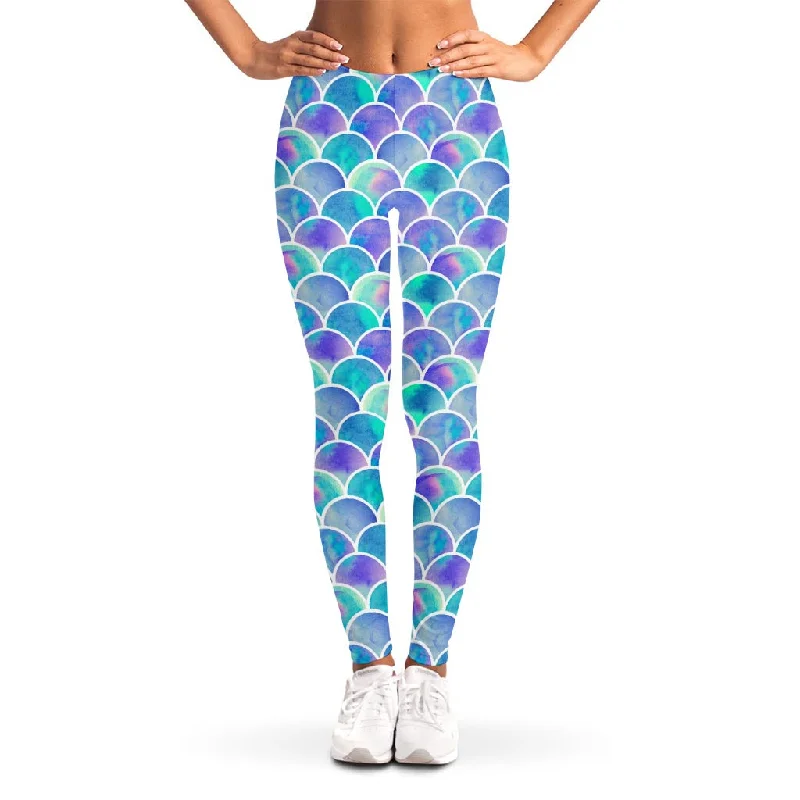 Overstock Sale Sea Blue Mermaid Scales Pattern Print Women's Leggings