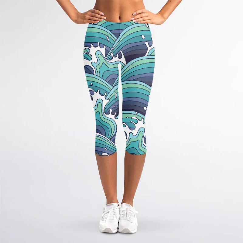 Seasonal Clearance Sea Wave Surfing Pattern Print Women's Capri Leggings