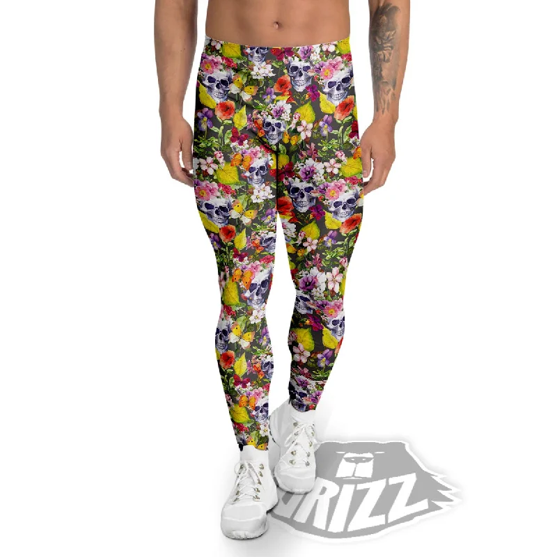 Skull Blossom Flowers Print Pattern Men's Leggings