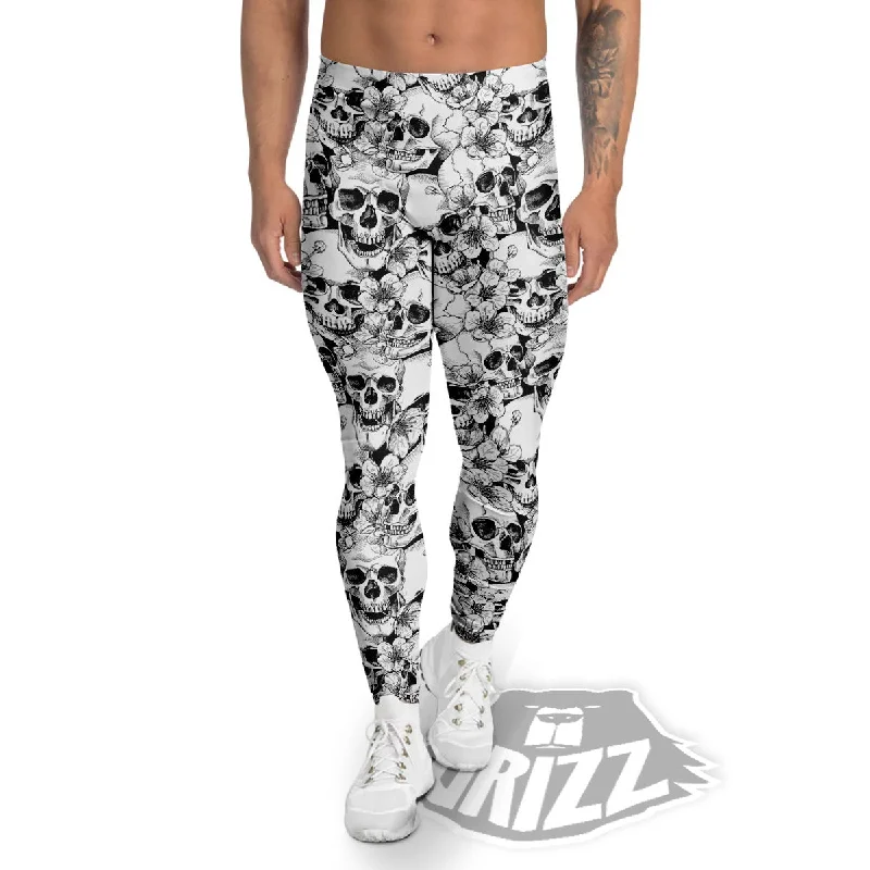 Skull Blossom Peony Print Pattern Men's Leggings