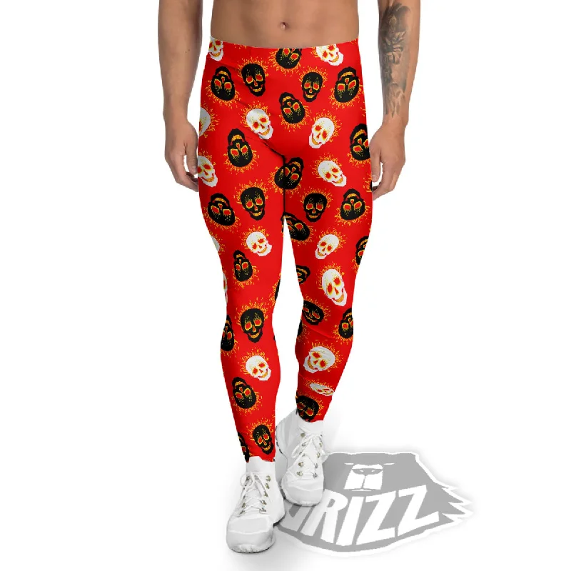 Skull Burning Print Pattern Men's Leggings